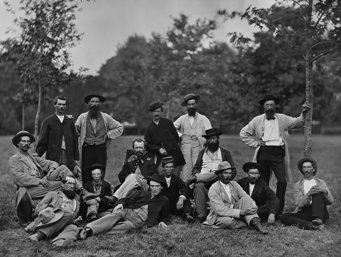 Framed Print : Union scouts and guides at Army of the Potomac winter quarters, Brandy Station, Virginia, in March 1864. These men were part of the Bureau of Military Intelligence, headed by Gen Framed Print : Union scouts and guides at Army of the Potomac winter quarters, Brandy Station, Virginia, in March 1864. These men were part of the Bureau of Military Intelligence, headed by Gen