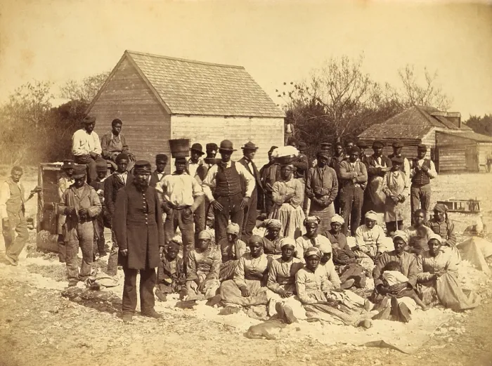 Framed Print : A Union soldier stands with African Americans on the plantation Thomas F. Drayton, Hilton Head Island, South Carolina, 1862. Photo by Henry P. Moore, May 1862
