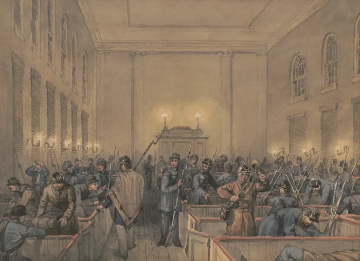 Framed Print : A Union soldiers of Company B, Pennsylvania 8th Regiment, bivouac church pews in Chambersburg, Pennsylvania in 1862. On Oct. 10, 1862, Confederate cavalry led by Maj. Gen. J.E.B