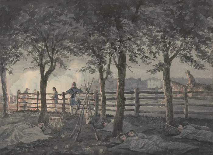 Framed Print : Union soldiers of Company B, Pennsylvania 8th Regiment, sleep in an apple orchard during the US Civil War, c. 1862 Framed Print : Union soldiers of Company B, Pennsylvania 8th Regiment, sleep in an apple orchard during the US Civil War, c. 1862
