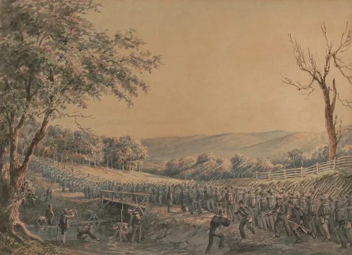 Framed Print : Union soldiers of Company B, Pennsylvania 8th Regiment, on the march north to Greencastle, Pennsylvania, from Hagerstown, Maryland, during the US Civil War, c. 1862 Framed Print : Union soldiers of Company B, Pennsylvania 8th Regiment, on the march north to Greencastle, Pennsylvania, from Hagerstown, Maryland, during the US Civil War, c. 1862
