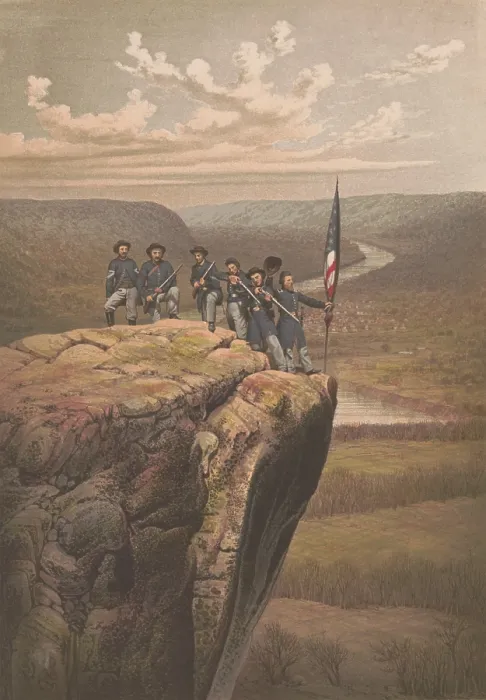 Framed Print : UNION SOLDIERS AT POINT LOOKOUT, TENNESSEE, lithograph based on a painting by James Fuller Queen. On Nov