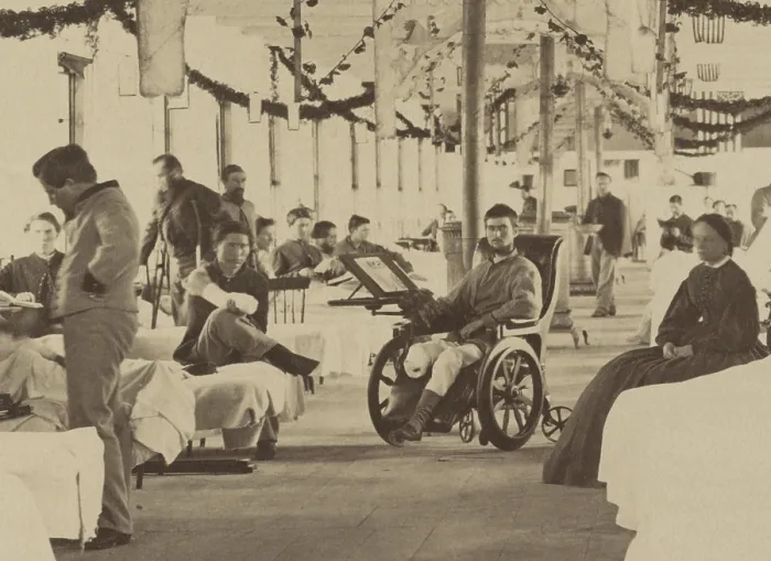 Framed Print : Union soldiers in Ward K, Armory Square Hospital, Washington, DC, in August 1865. Detail of photo shows an amputee with an easel attached to his wheel chair Framed Print : Union soldiers in Ward K, Armory Square Hospital, Washington, DC, in August 1865. Detail of photo shows an amputee with an easel attached to his wheel chair