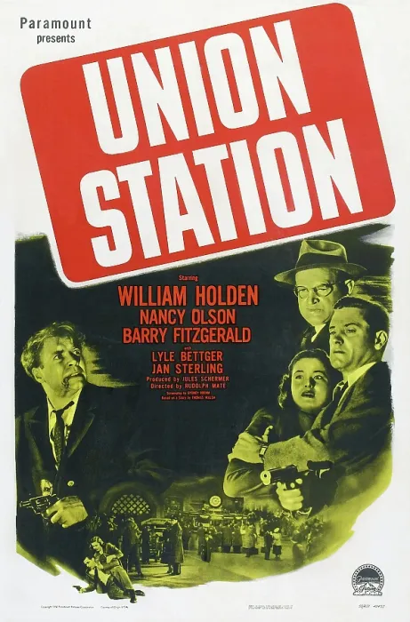 Framed Print : UNION STATION, US poster, Lyle Bettger (left), right from top: Barry Fitzgerald, William Holden, Nancy Olson, 1950