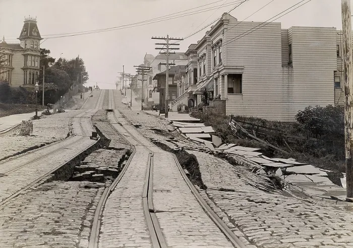 Framed Print : Union Street Car Line after the 1906 San Francisco Earthquake, 1906. The tracks are shifted near Steiner street, looking west