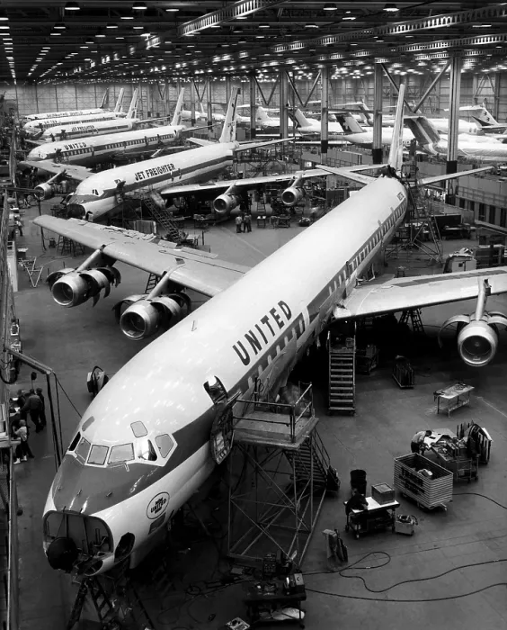 Framed Print : United Airlines Super DC-8 and DC-8 Jet Freighters in the production line at McDonnel Douglas Corporation, 1968. Courtesy: CSU Archives / Everett Collection