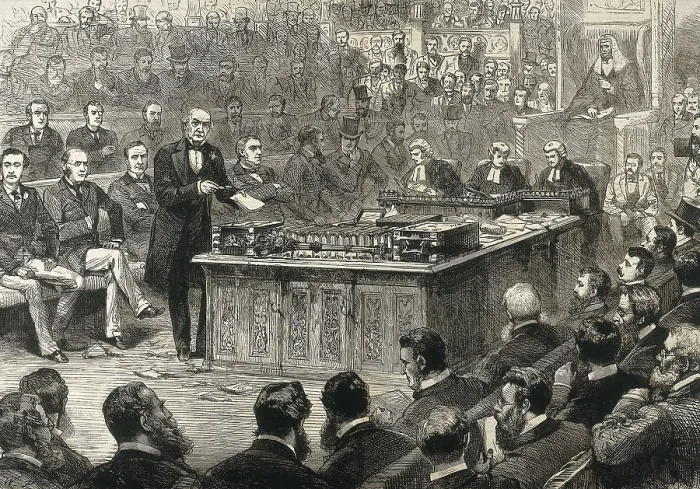 Framed Print : United Kingdom (1886). Prime Minister William Ewart Gladstone, from the Liberal Party, presents before the House of Commons his Home Rule project for Ireland. Etching