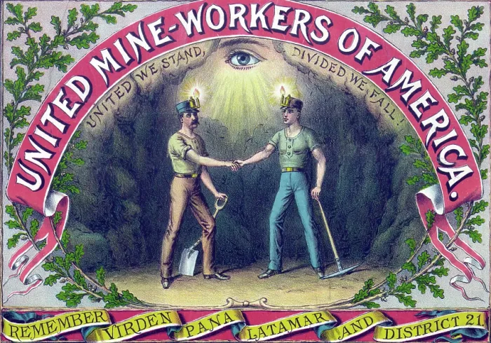 Framed Print : United Mine-Workers of America certificate of membership cartouche. Color lithograph, 1899