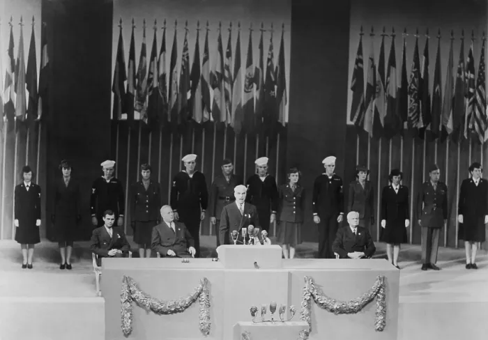 Framed Print : United Nations Conference on International Organization opening in San Francisco. U.S. Sec. of State Edward Stettinius presides Framed Print : United Nations Conference on International Organization opening in San Francisco. U.S. Sec. of State Edward Stettinius presides