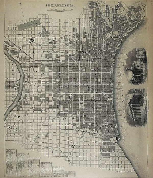 Framed Print : United States (1840). Philadelphia. Map and views of the city. From the work 'Comparative Urban Design' by Melville C. Branch (New York, 1830-1842). Engraving. SPAIN Framed Print : United States (1840). Philadelphia. Map and views of the city. From the work 'Comparative Urban Design' by Melville C. Branch (New York, 1830-1842). Engraving. SPAIN