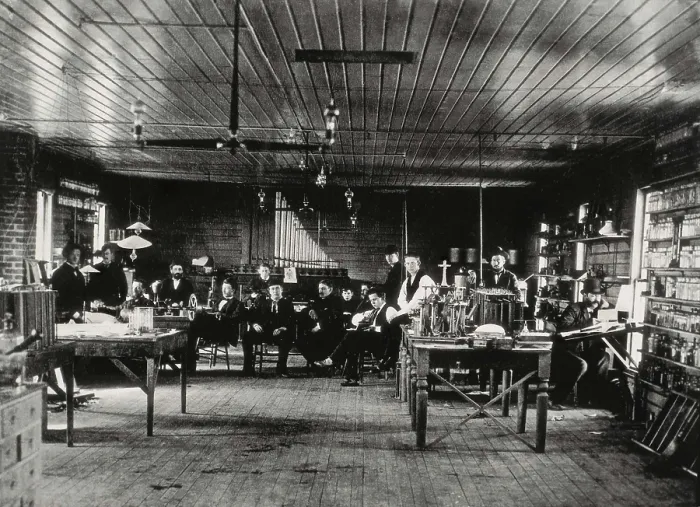 Framed Print : UNITED STATES OF AMERICA. NEW JERSEY. Menlo Park. Thomas Edison's laboratory in Menlo Park (1880). From left to right: L. K. Boehm, C. L