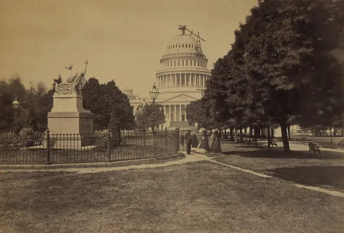 Framed Print : United States Capitol Building in 1863, with the new dome under construction and statue of George Washington by Horatio Greenough in the foreground, where men and women stroll Framed Print : United States Capitol Building in 1863, with the new dome under construction and statue of George Washington by Horatio Greenough in the foreground, where men and women stroll