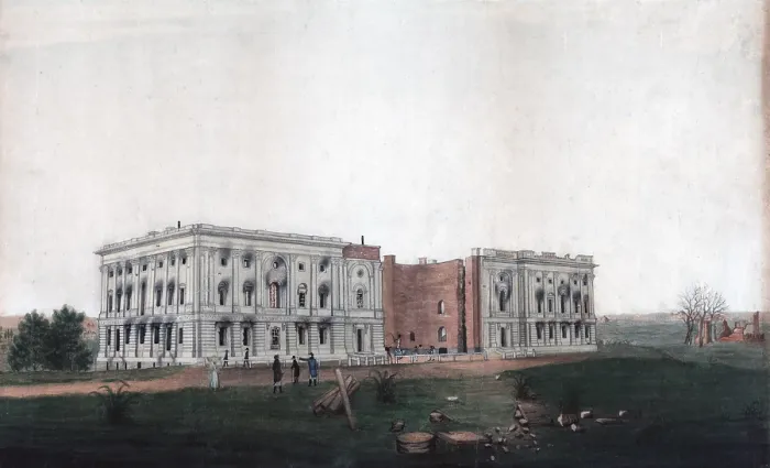 Framed Print : The United States Capitol building. U.S. Capitol after burning by the British. Drawing shows the ruins of the U.S. Capitol following British attempts to burn the building