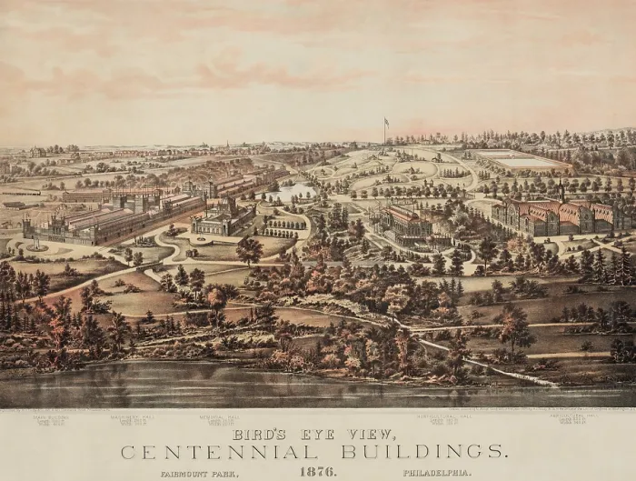 Framed Print : United States Centennial Exhibition 1876. Bird's eye view of the fairgrounds at Fairmont Park, Philadelphia Framed Print : United States Centennial Exhibition 1876. Bird's eye view of the fairgrounds at Fairmont Park, Philadelphia