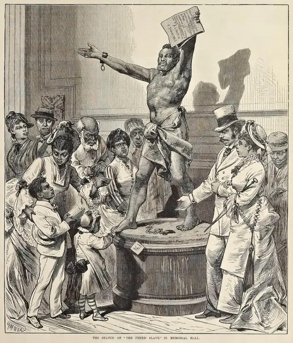 Framed Print : United States Centennial Exhibition 1876. African Americans surround the Italian artist Francesco Pezzicar's statue, THE FREED SLAVE