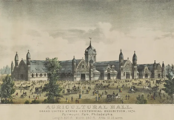 Framed Print : United States Centennial Exhibition 1876. The Agricultural Hall was built with of wood and glass, and designed to look like various barn structures
