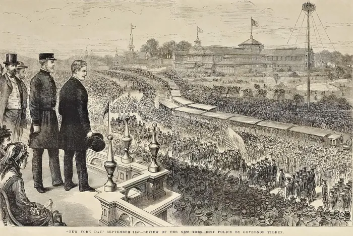 Framed Print : United States Centennial Exposition, Sept. 21, 1876. Democratic Presidential candidate, Samuel Tilden, reviews the New York City Police on New York Day