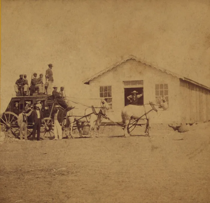 Framed Print : United States Express overland stage starting for Denver from Hays City Kansas was guarded by five African American soldiers. Photo by Alexander Gardner. Ca. 1867