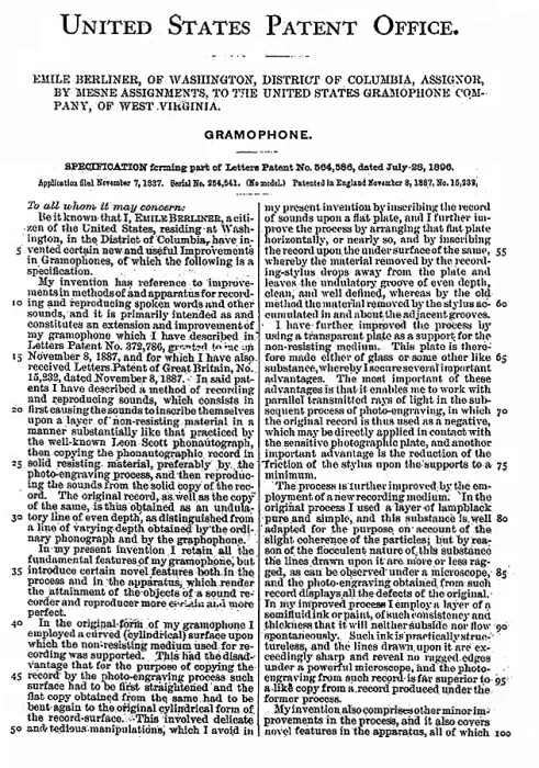 Framed Print : United States patent for the gramophone, by Emile Berliner, 1887 Framed Print : United States patent for the gramophone, by Emile Berliner, 1887