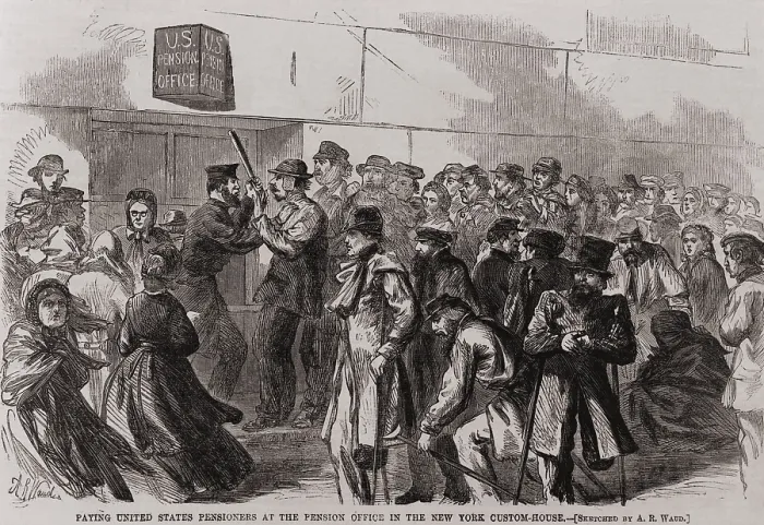 Framed Print : United States pensioners in line at the Pension Office in the New York Custom-House, 1866