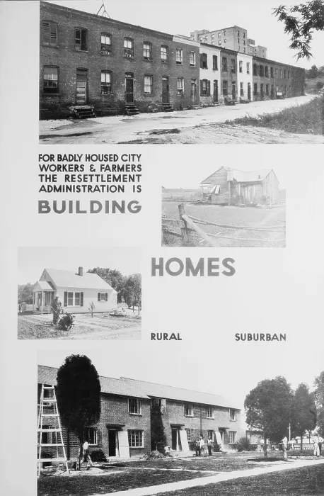 Framed Print : United States Resettlement Administration posters illustrating the dilapidated housing it would replace with new homes built with relief labor