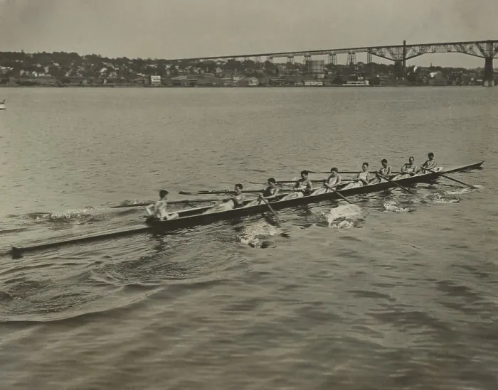 Framed Print : University of Pennsylvania varsity crew in the Hudson River at Poughkeepsie, June 20, 1922. They are training for the Annual Intercollegiate Rowing Regatta. (BSLOC_2015_17_144)