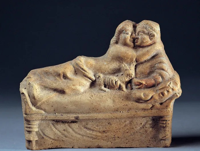 Framed Print : Unknown artist, Group with couple kissing on kline, 1st Century, terracotta, full relief, Italy, Campania, Naples
