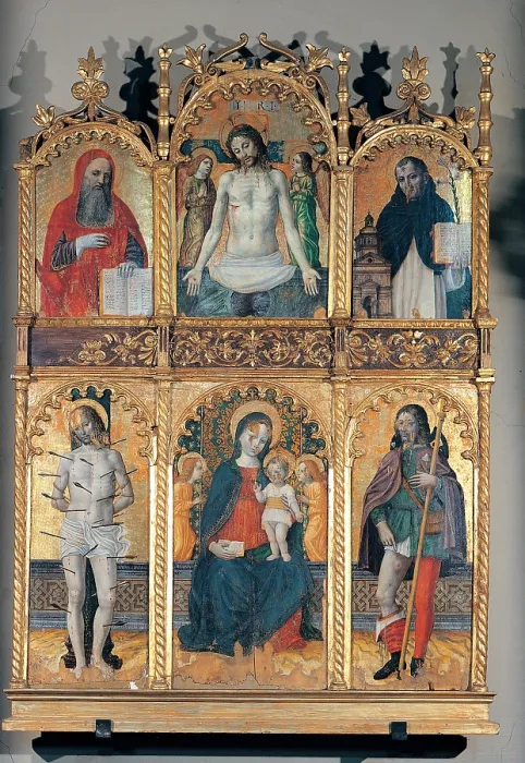 Framed Print : Unknown artist, Madonna and Child Enthroned with Sts Sebastian and Roch, Christ in Piet with Angels between Sts Jerome and Anthony of Padua, 16th Century, tempera on panel, Italy