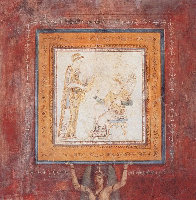 Framed Print : Unknown artist, Small picture with figures of female musicians. 25, 1st Century, mural, Italy, Lazio, Rome