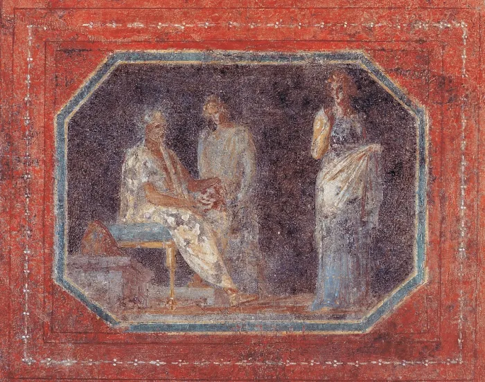 Framed Print : Unknown artist, Small picture with theatrical scene, 25, 1st Century, mural, Italy, Lazio, Rome Framed Print : Unknown artist, Small picture with theatrical scene, 25, 1st Century, mural, Italy, Lazio, Rome