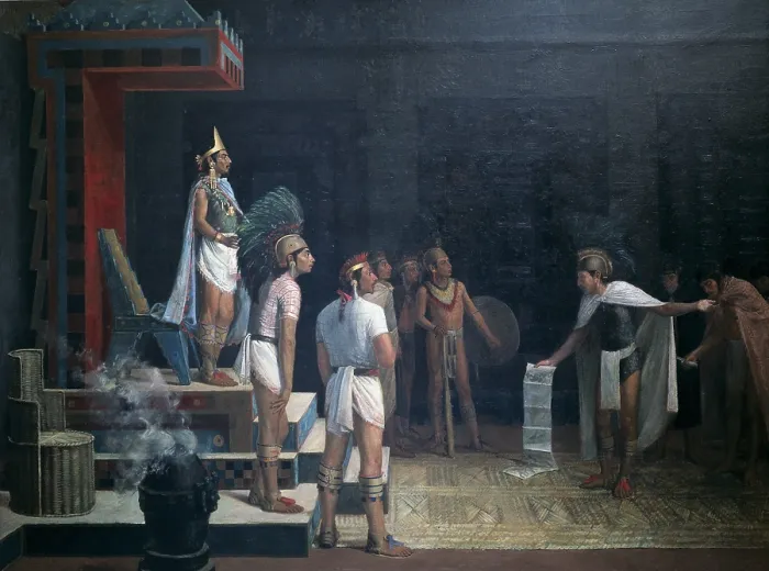 Framed Print : UNZUETA, AdriAn (19th century). Moctezuma receives the Messengers. 1893. Oil on canvas. MEXICO. Mexico City. Chapultepec Castle. - J