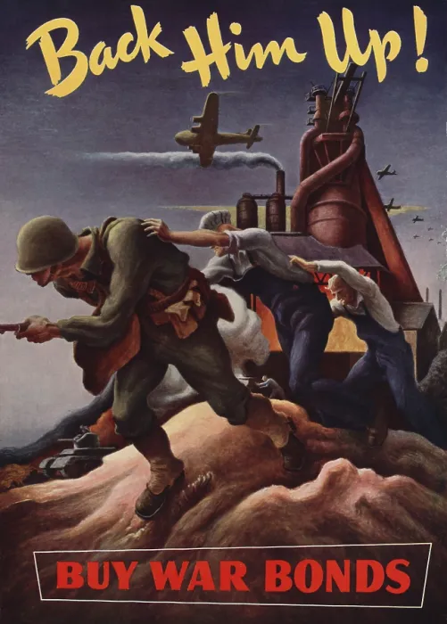 Framed Print : Back him up!--Buy war bonds. Thomas Hart Benton illustration of a fighting soldier with workers and a factory in the background. Ca. 1943. World War 2 Framed Print : Back him up!--Buy war bonds. Thomas Hart Benton illustration of a fighting soldier with workers and a factory in the background. Ca. 1943. World War 2