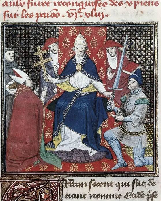 Framed Print : URBAN II (c. 1035 - 1099). First Crusade (1095). Council of Clermont. Pope Urban II authorizes the departure to the Crusades. Gothic art. Miniature Painting. FRANCE. Paris