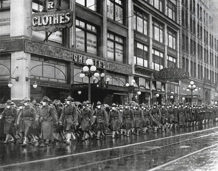 Framed Print : U.S. 39th regiment in Seattle, wear masks to prevent influenza. Dec. 1918. The soldiers were on their way to France during the 1918-19 Spanish Influenza pandemic Framed Print : U.S. 39th regiment in Seattle, wear masks to prevent influenza. Dec. 1918. The soldiers were on their way to France during the 1918-19 Spanish Influenza pandemic