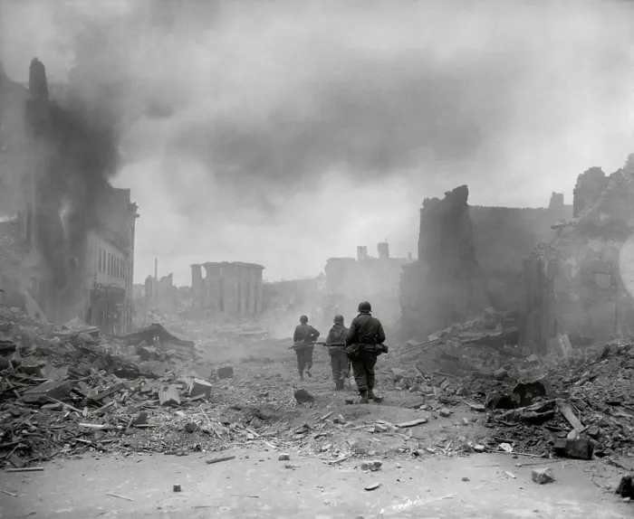 Framed Print : U.S. 3rd Division infantrymen searching for snipers in the smoldering city of Zweibrucken, Germany. March 20, 1945. World War 2. (BSLOC_2014_8_65) Framed Print : U.S. 3rd Division infantrymen searching for snipers in the smoldering city of Zweibrucken, Germany. March 20, 1945. World War 2. (BSLOC_2014_8_65)