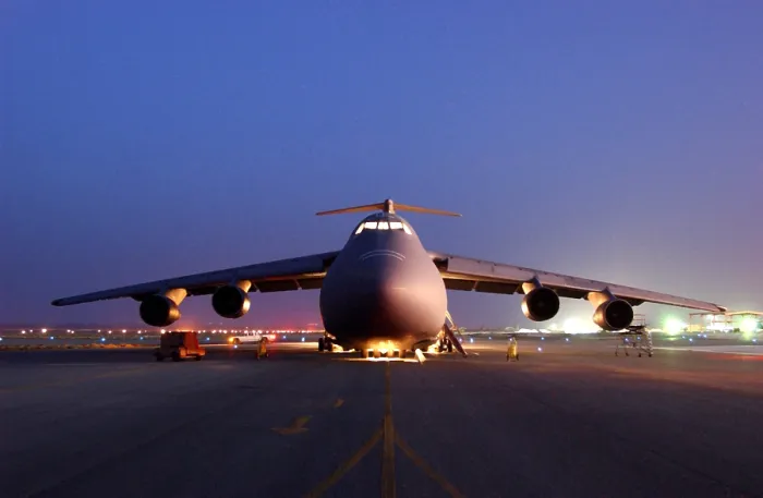 Framed Print : A U.S. Air Force C-5 Galaxy aircraft parked on the flight line at an undisclosed location in support of U.S. military operations in Afghanistan