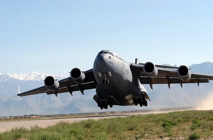 Framed Print : U.S. Air Force Globemaster transport aircraft takes off at Bagram Air Field Afghanistan. Bagram served as a Soviet air base in the 1980s and was a key base for U.S