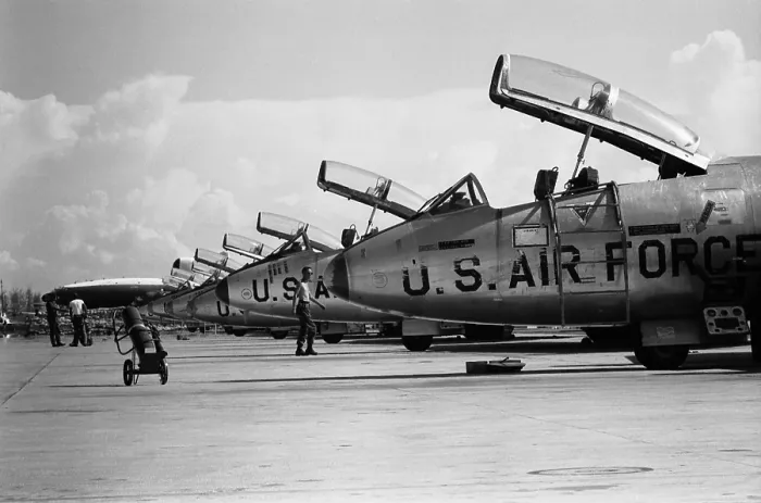 Framed Print : U.S. Air Force jets all with open cockpits on the crowded Da Nang flight line in South Vietnam. Sept. 12, 1965. (BSLOC_2015_14_125)