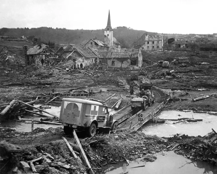 Framed Print : U.S. ambulance in a battle scared landscape near Lunebach, Germany, March 1944