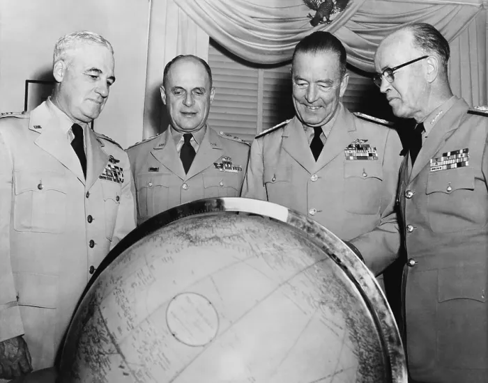 Framed Print : U.S. Armed Forces Joint Chiefs of Staff under President Eisenhower, 1953. Posed looking at a globe, L-R: Nathan F. Twining, Gen