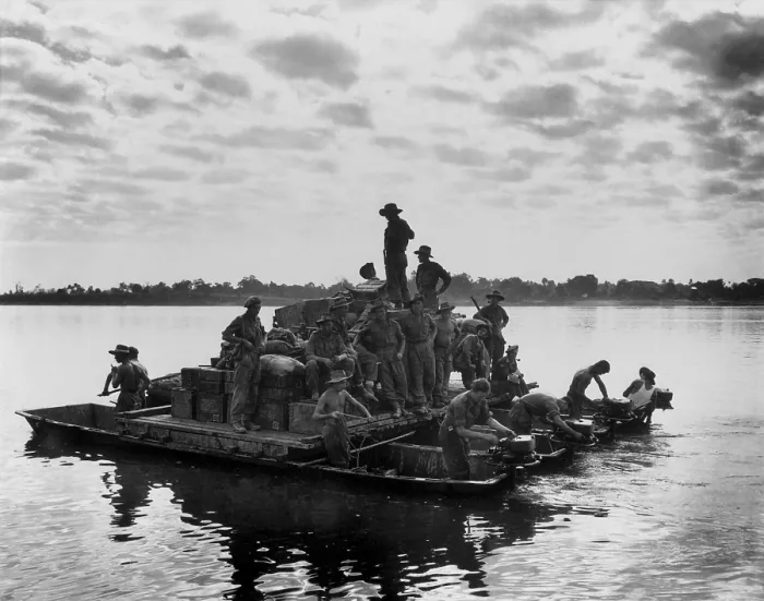Framed Print : U.S. Army barge, powered by outboard motors, on the Irrawaddy River near Tigyiang, Burma. The soldiers were transporting a truck and ammunition during World War 2, Dec. 30, 1944 Framed Print : U.S. Army barge, powered by outboard motors, on the Irrawaddy River near Tigyiang, Burma. The soldiers were transporting a truck and ammunition during World War 2, Dec. 30, 1944