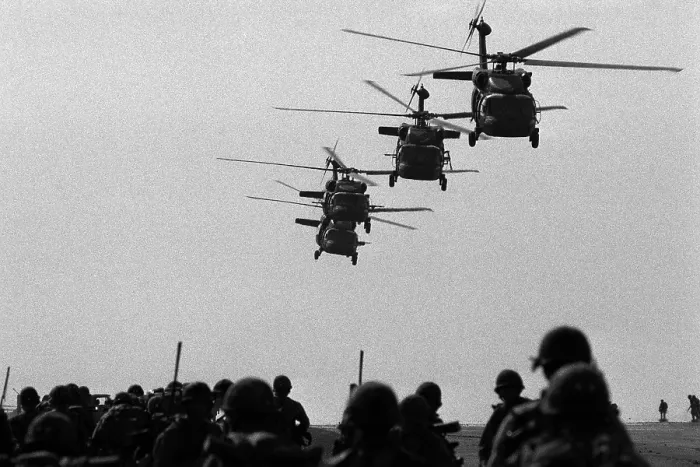 Framed Print : U.S. Army Black Hawk helicopters depart from Point Salines Airfield after bringing troops to the invasion of the Caribbean Island of Grenada. Oct
