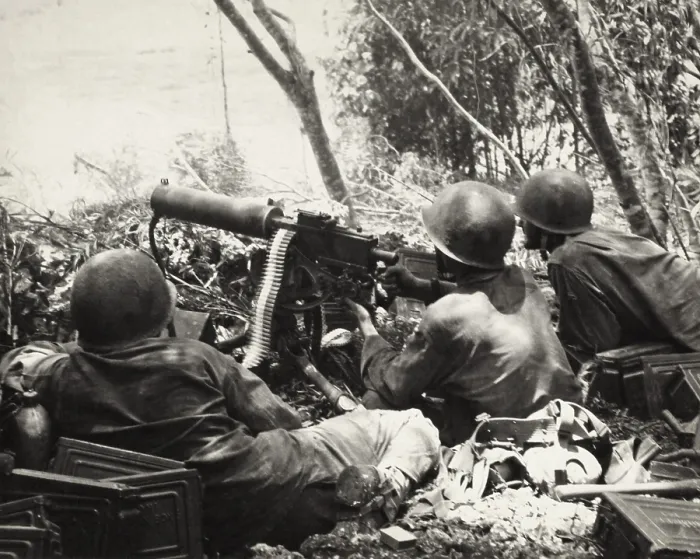 Framed Print : U.S. Army machine gun crew fires on Japanese positions on slopes of Mt. Tapotohan, on Saipan. Ca. June 15-July 9, 1944, during World War 2. (BSLOC_2013_14_54)