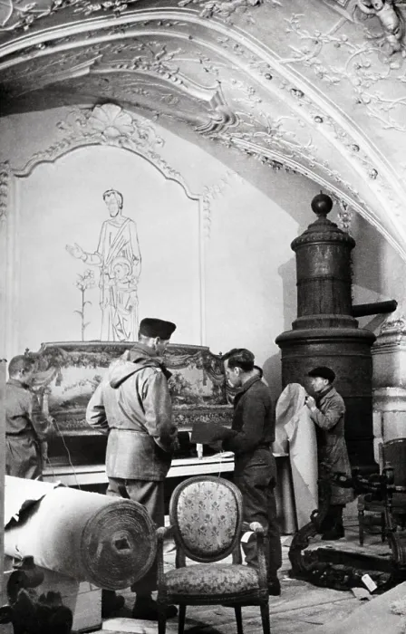 Framed Print : U.S. Army MFAA Section with furniture from Rothschild Paris residences looted by Germans