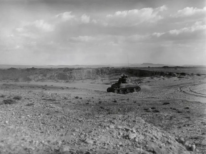 Framed Print : U.S. Army tank in Sidi Bou Zid, North Africa, shortly before the German advance of Feb. 14, 1943. 46 U.S. Sherman Tanks were destroyed in the Battle of Didi Bou Zid. Tunisia