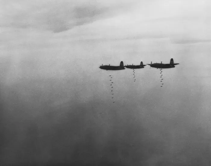 Framed Print : U.S. B-26 medium bombers dropped bombs on ports, bridges, and railroad yards in central Italy