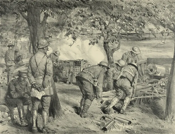 Framed Print : A U.S. battery of 75mm artillery in action in France during WW1. 1917-18. A French officer in left foreground is probably an advisor