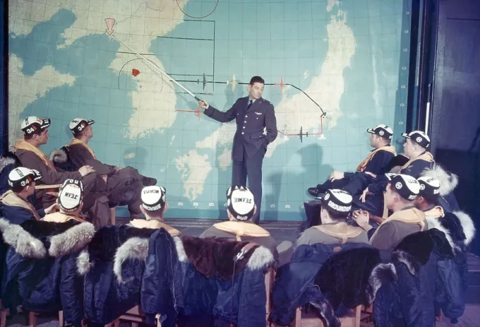 Framed Print : U.S. bomber pilots in pre-mission briefing Yokota Air Base near Tokyo, Japan. The Major points out the often-visited target of Sinuiju, North Korea. Korean War, 1950-53 Framed Print : U.S. bomber pilots in pre-mission briefing Yokota Air Base near Tokyo, Japan. The Major points out the often-visited target of Sinuiju, North Korea. Korean War, 1950-53