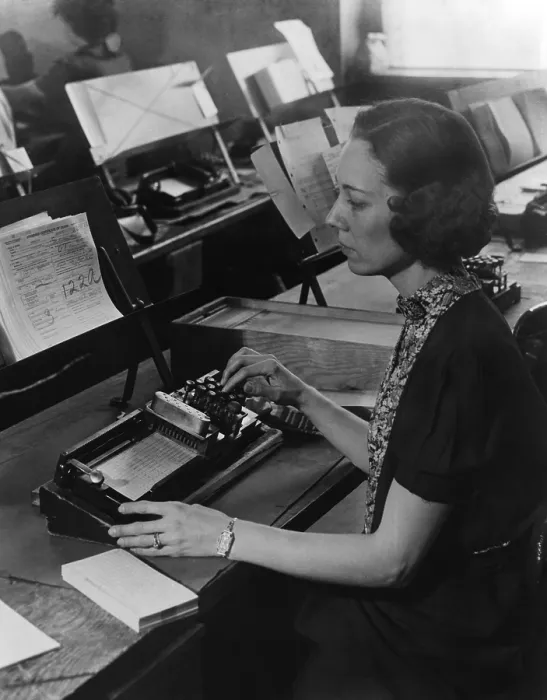 Framed Print : U.S. Census worker transferring information from a questionnaire to a punch card, ca. 1940. (BSLOC_2013_8_183) Framed Print : U.S. Census worker transferring information from a questionnaire to a punch card, ca. 1940. (BSLOC_2013_8_183)