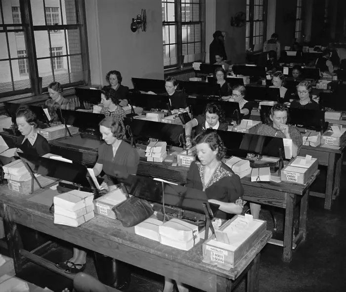 Framed Print : U.S. Census workers transferring birth records to a computer punch cards, ca. 1940. (BSLOC_2013_8_185) Framed Print : U.S. Census workers transferring birth records to a computer punch cards, ca. 1940. (BSLOC_2013_8_185)